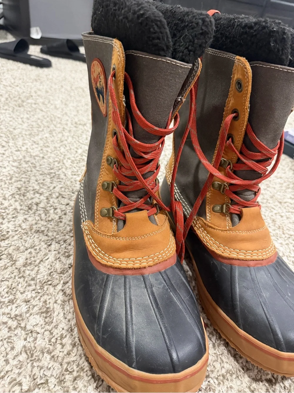 L.L. Bean Kids Waterproof Duck Boots in Gray, Tan & Black with Red Laces